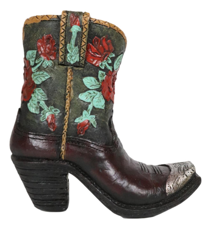 Western Cowboy Cowgirl Floral Red Roses Tooled Leather Boot Pen Holder Figurine