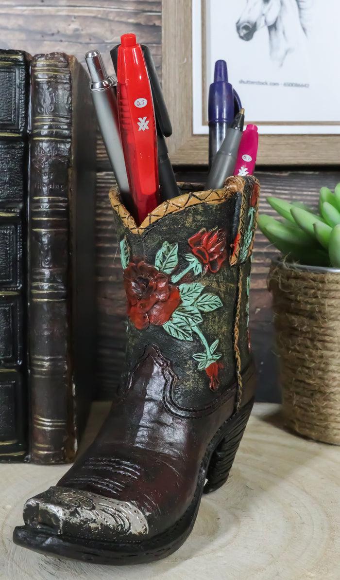 Western Cowboy Cowgirl Floral Red Roses Tooled Leather Boot Pen Holder Figurine