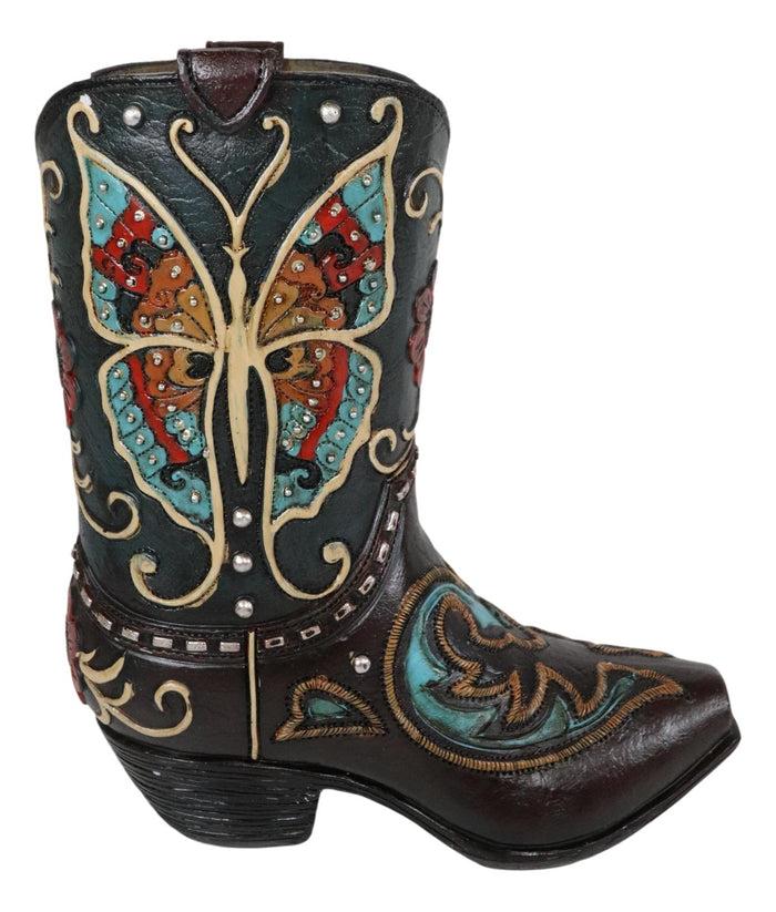 Western Cowboy Faux Tooled Leather Butterfly Cowboy Boot Pen Holder Flower Vase