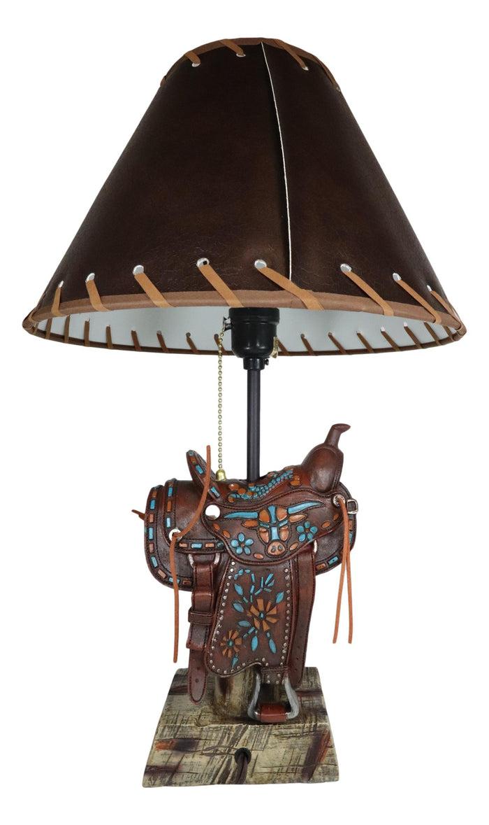 Western Cowboy Faux Tooled Leather Turquoise Art Horse Saddle Table Lamp Decor