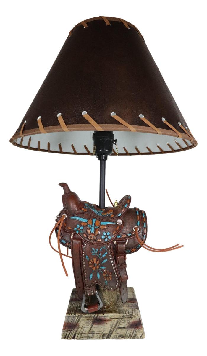 Western Cowboy Faux Tooled Leather Turquoise Art Horse Saddle Table Lamp Decor
