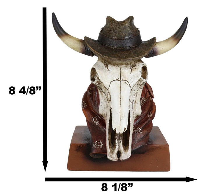 Western Cowboy Horned Cow Skull With Hat And Bandana Scarf Desktop Figurine