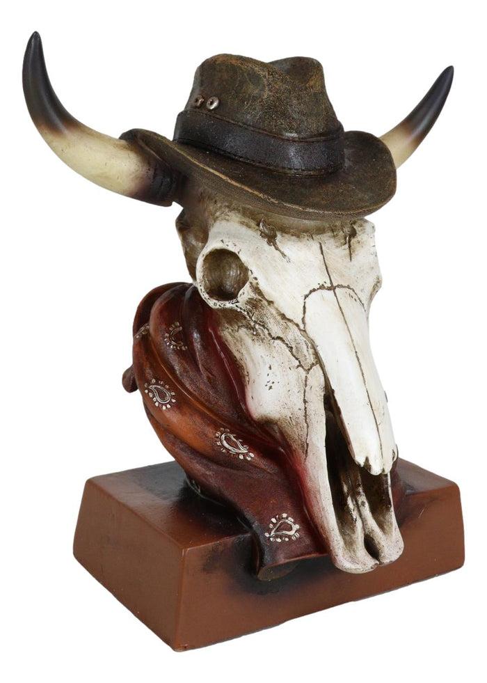 Western Cowboy Horned Cow Skull With Hat And Bandana Scarf Desktop Figurine