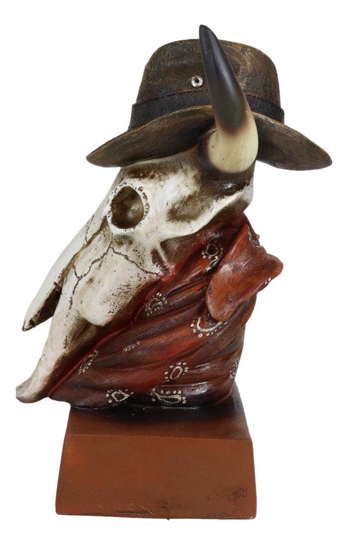 Western Cowboy Horned Cow Skull With Hat And Bandana Scarf Desktop Figurine