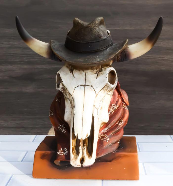 Western Cowboy Horned Cow Skull with Hat and Bandana Scarf Desktop Figurine Western Cowboy Horned Cow Skull with Hat and Bandana Scarf Desktop Figurine