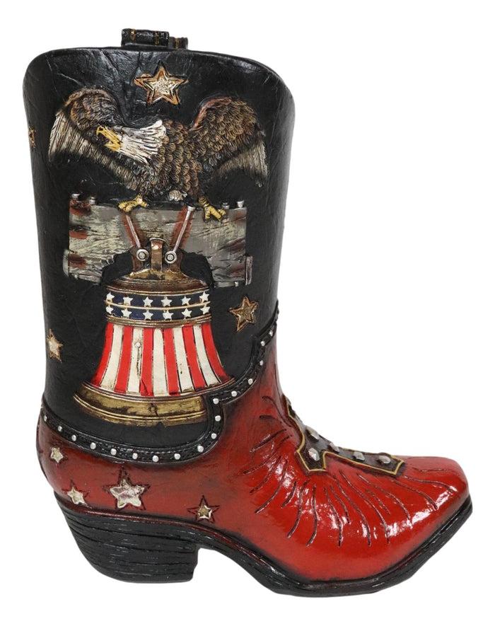 Western Cowboy Patriotic US Flag Liberty Bell Eagle Cowboy Boot Pen Holder Vase