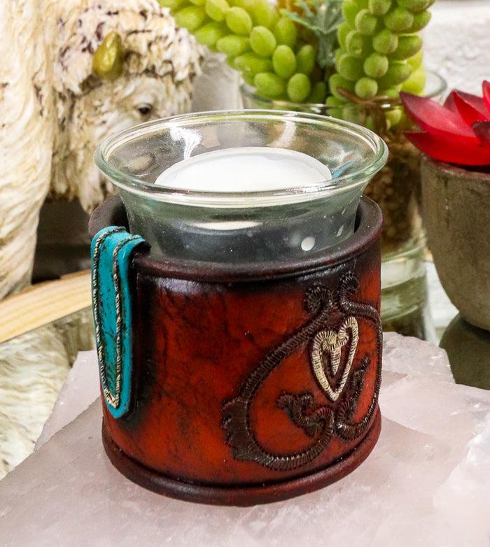Western Cowgirl Red Love Heart Scrollwork Lace Faux Leather Votive Candle Holder
