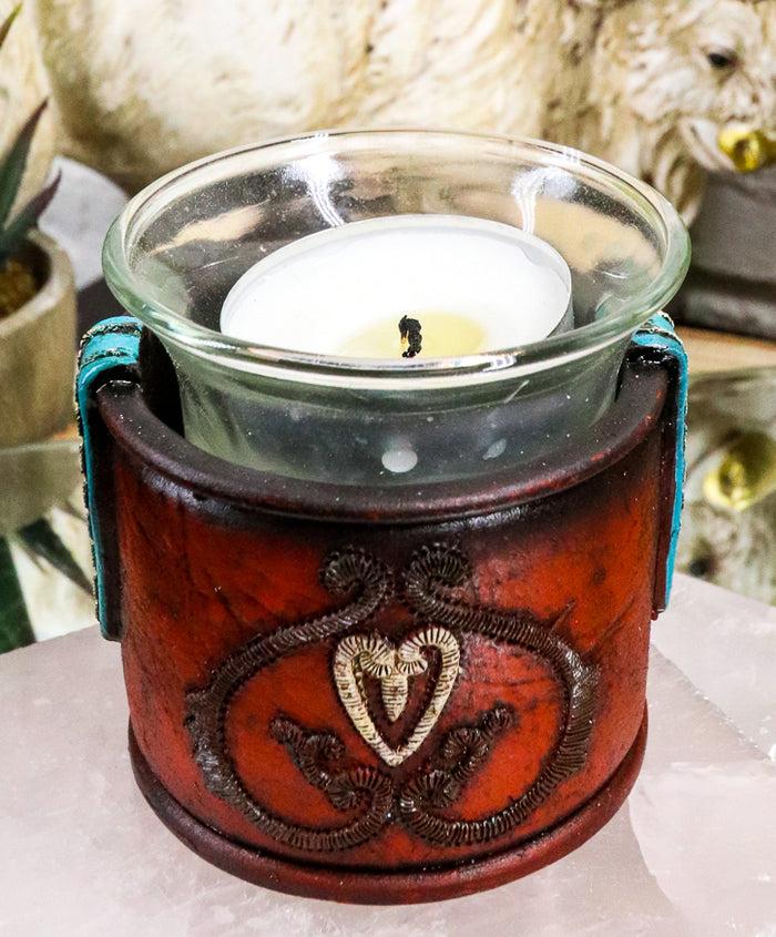 Western Cowgirl Red Love Heart Scrollwork Lace Faux Leather Votive Candle Holder