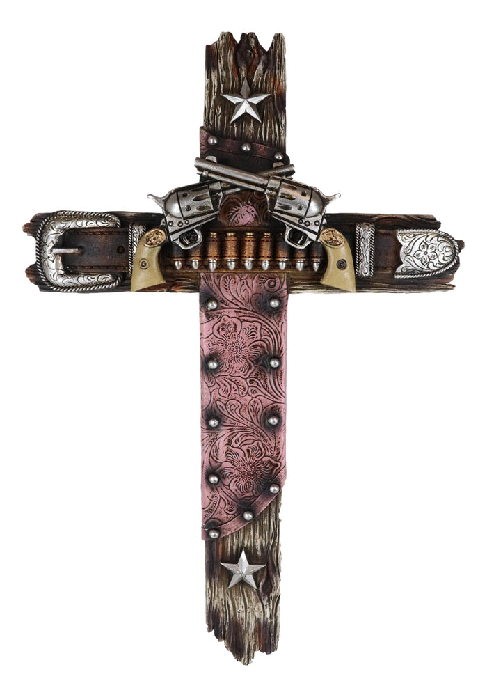 Western Cowgirl Revolver Guns Ammo Belt Buckle And Pink Holster Wall Cross 16"H