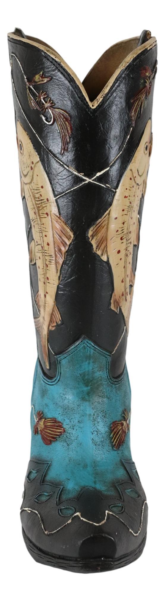 Western Fishing Angler Bass Fishes Cowboy Cowgirl Boot Vase Planter Figurine