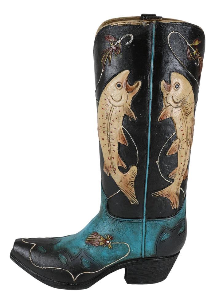 Western Fishing Angler Bass Fishes Cowboy Cowgirl Boot Vase Planter Figurine
