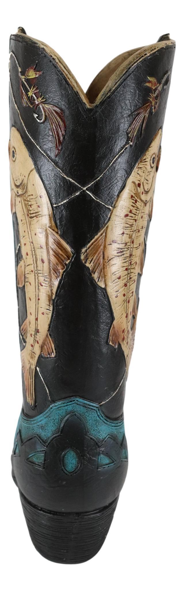 Western Fishing Angler Bass Fishes Cowboy Cowgirl Boot Vase Planter Figurine
