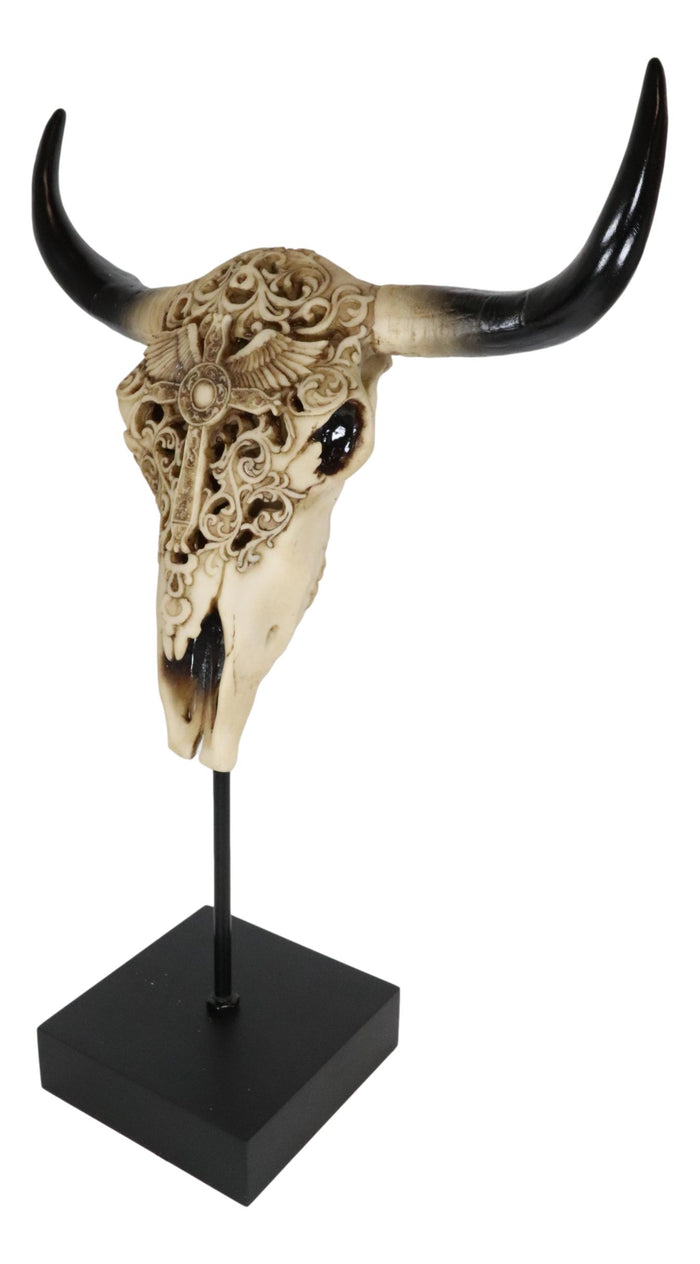 Western Floral Tribal Scroll Bull Cow Skull Winged Cross Desktop Plaque On Stand