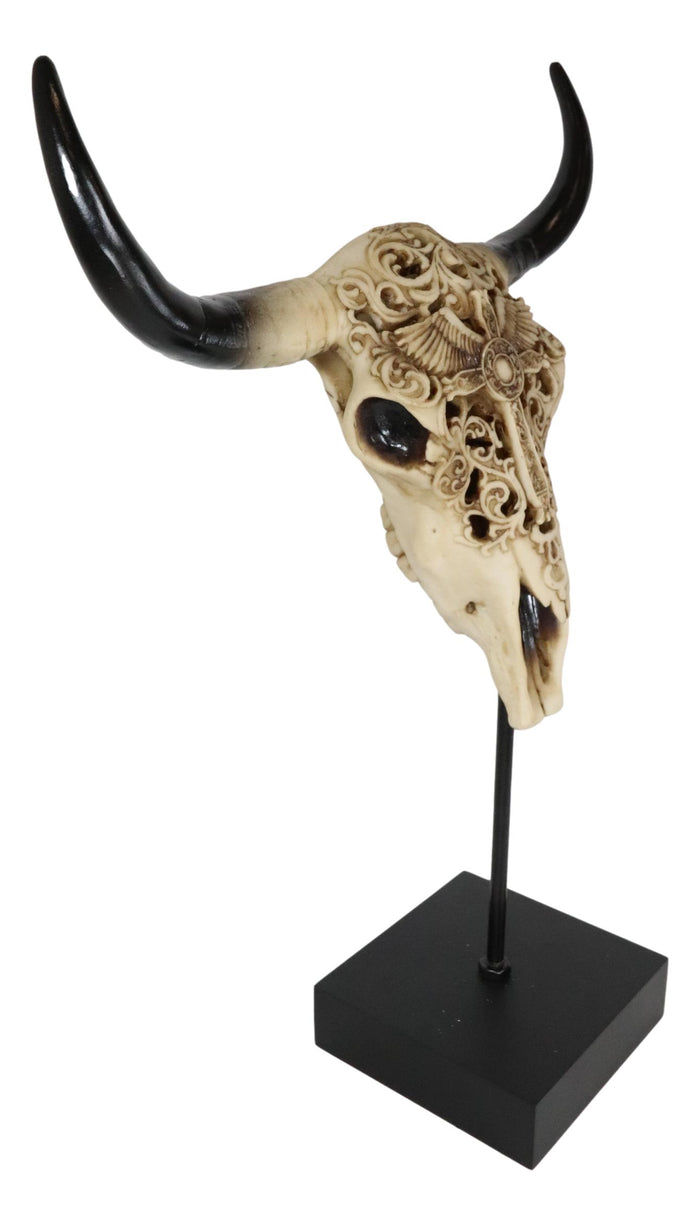 Western Floral Tribal Scroll Bull Cow Skull Winged Cross Desktop Plaque On Stand
