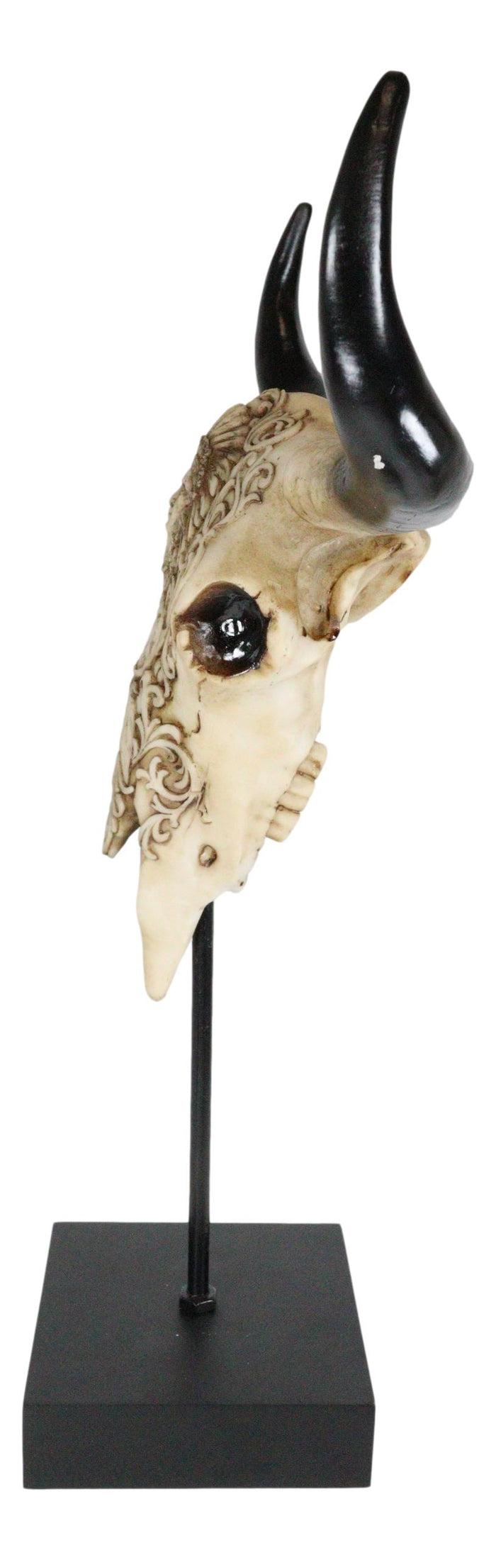 Western Floral Tribal Scroll Indian Chief Bull Cow Skull Desktop Plaque On Stand