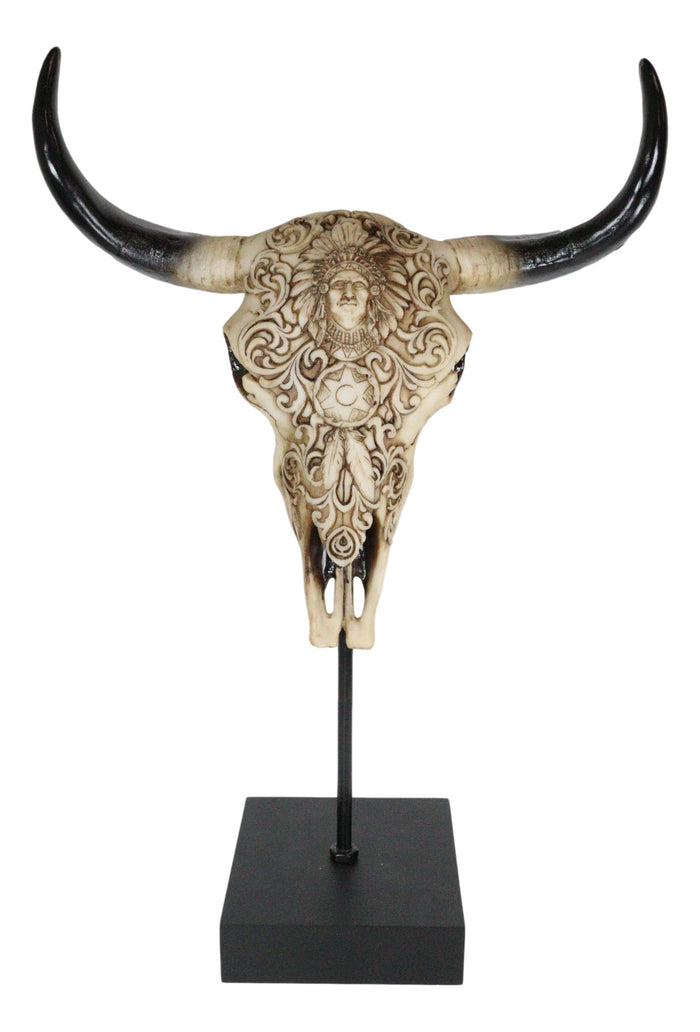 Western Floral Tribal Scroll Indian Chief Bull Cow Skull Desktop Plaque On Stand