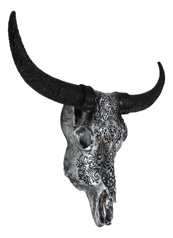 Western Floral Tribal Tattoo Tooled Bison Bull Cow Skull Wall Decor Plaque