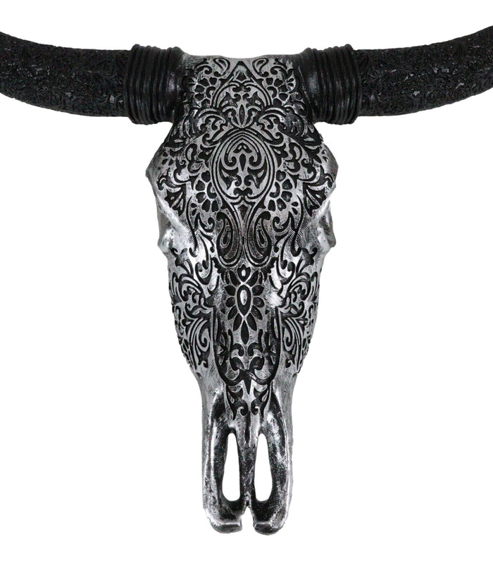 Western Floral Tribal Tattoo Tooled Bison Bull Cow Skull Wall Decor Plaque