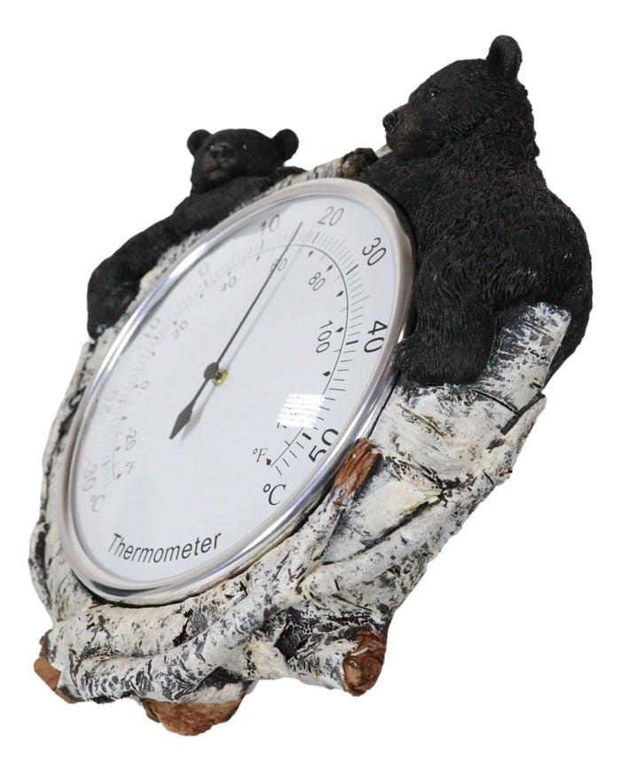 Western Forest Whimsical Black Bear Cubs Climbing On Birch Tree Wall Thermometer