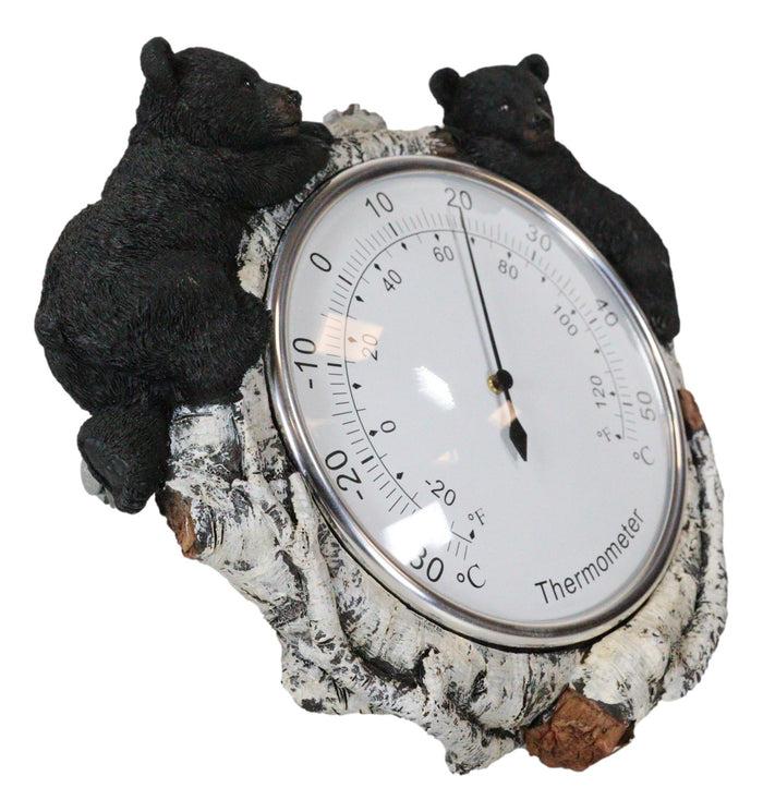 Western Forest Whimsical Black Bear Cubs Climbing On Birch Tree Wall Thermometer