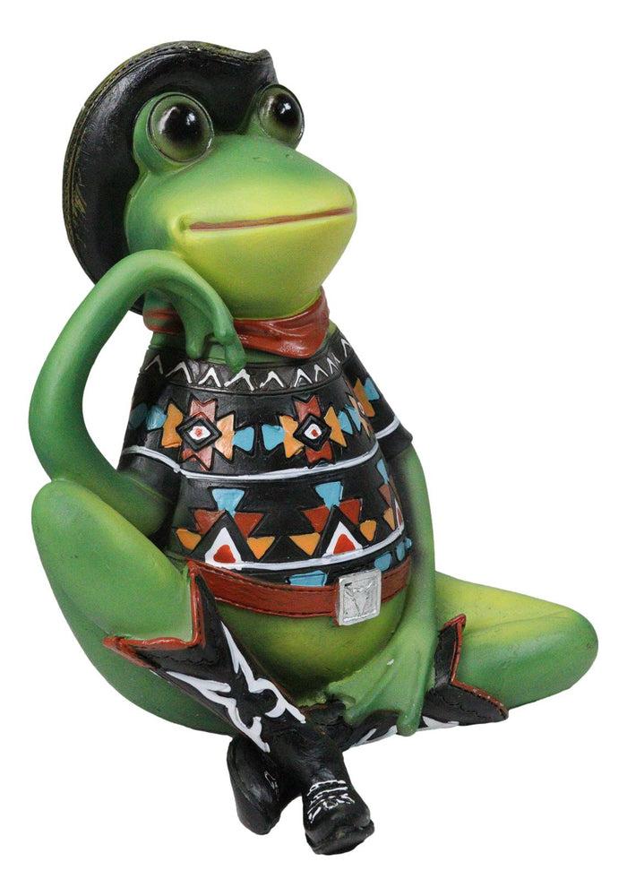 Western Green Cowboy Toad Frog With Black Hat Boots And Aztec Serape Figurine