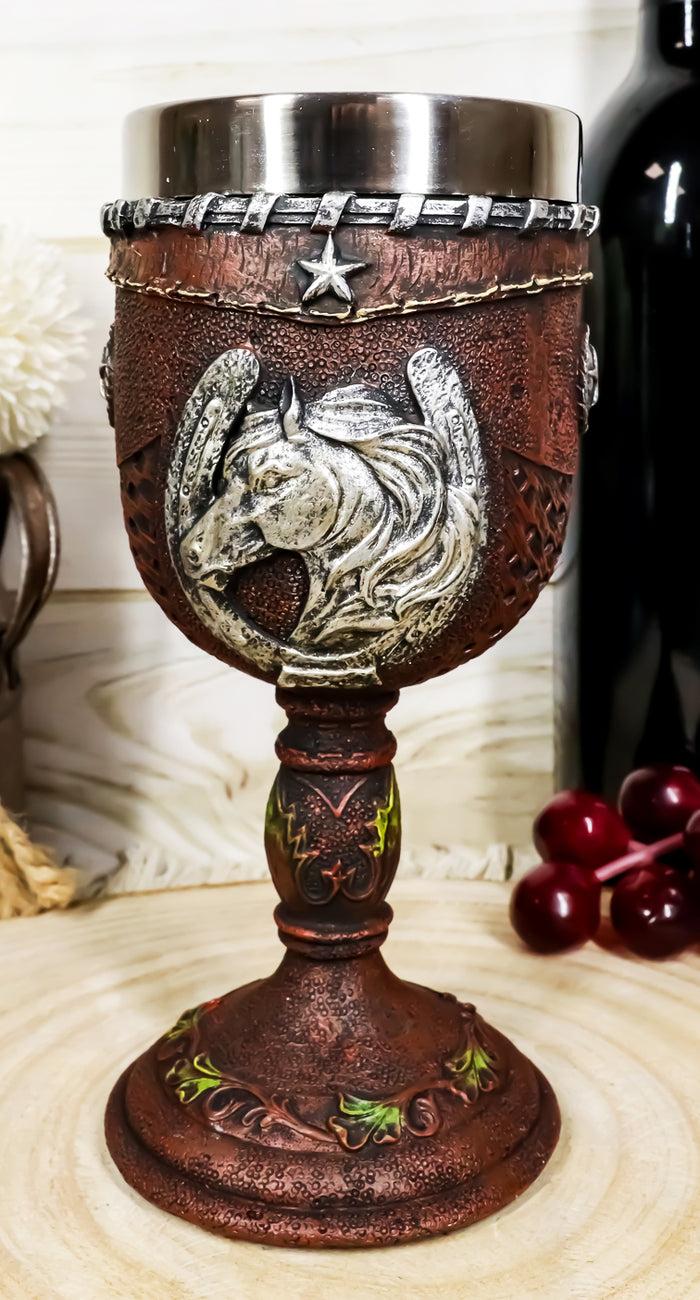 Western Horse Head Giant Horseshoe Lone Stars In Faux Tooled Leather Wine Goblet