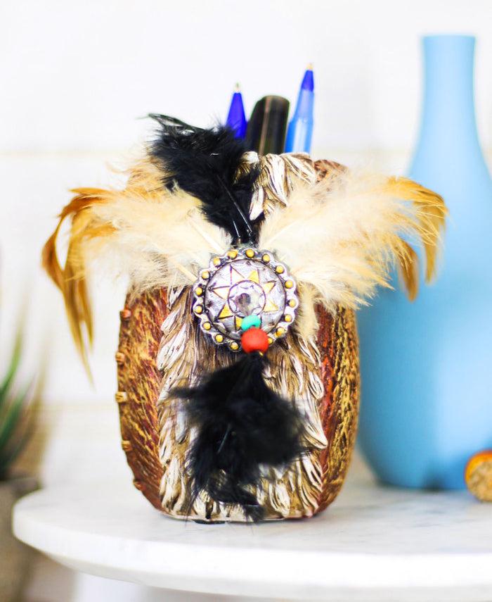Western Indian Dreamcatcher Feathers Faux Rattan Straw Stationery Pen Holder