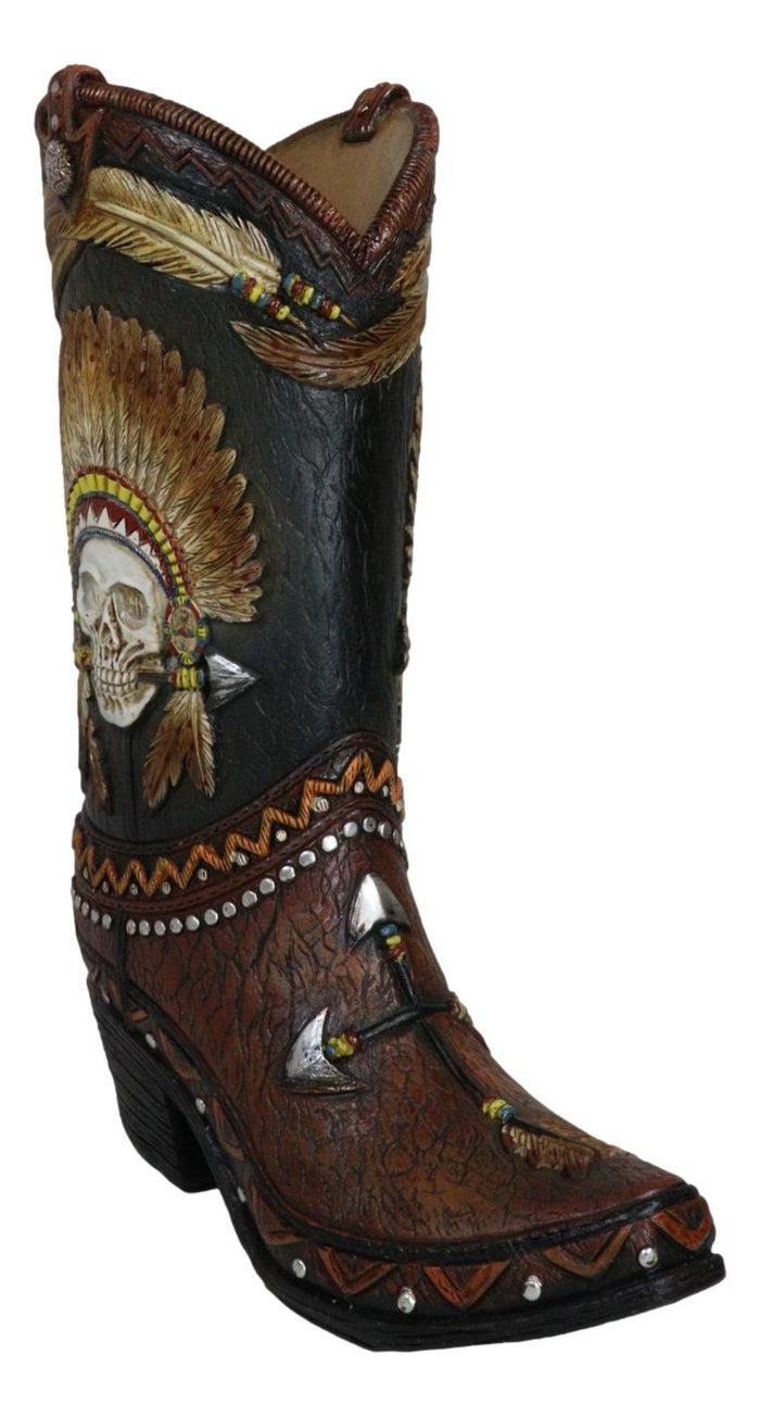 Western Indian Skull Chief With Headdress Faux Tooled Leather Cowboy Boot Vase