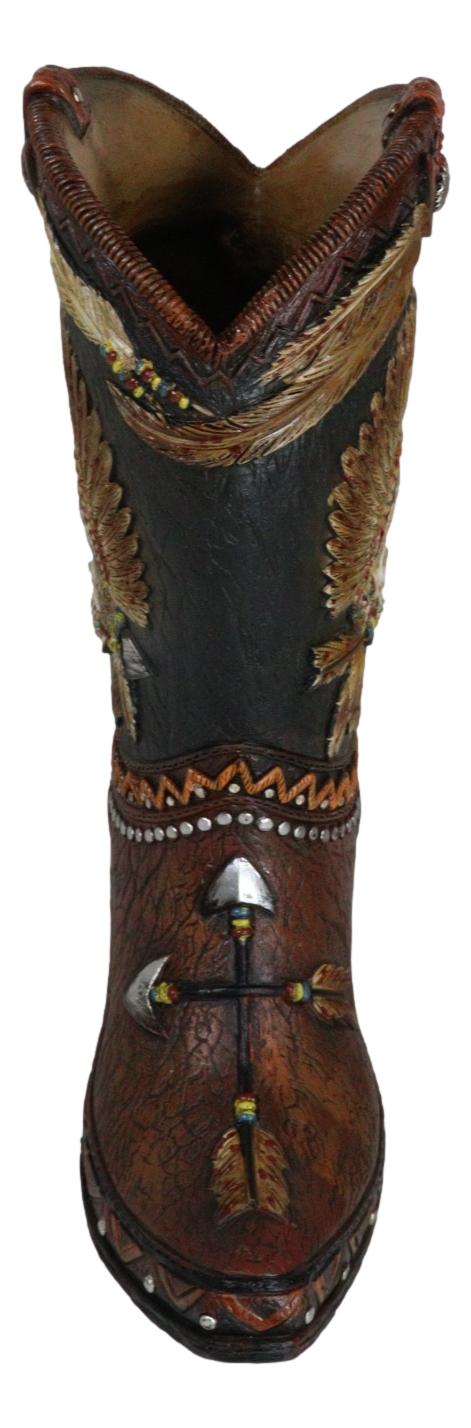 Western Indian Skull Chief With Headdress Faux Tooled Leather Cowboy Boot Vase