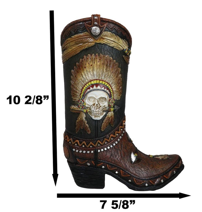 Western Indian Skull Chief With Headdress Faux Tooled Leather Cowboy Boot Vase