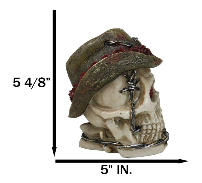 Western Old Wild West Cowboy Skull With Romantic Roses Barbed Wire Hat Figurine