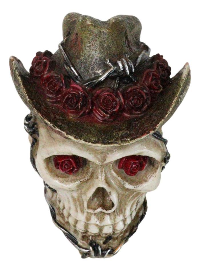 Western Old Wild West Cowboy Skull With Romantic Roses Barbed Wire Hat Figurine