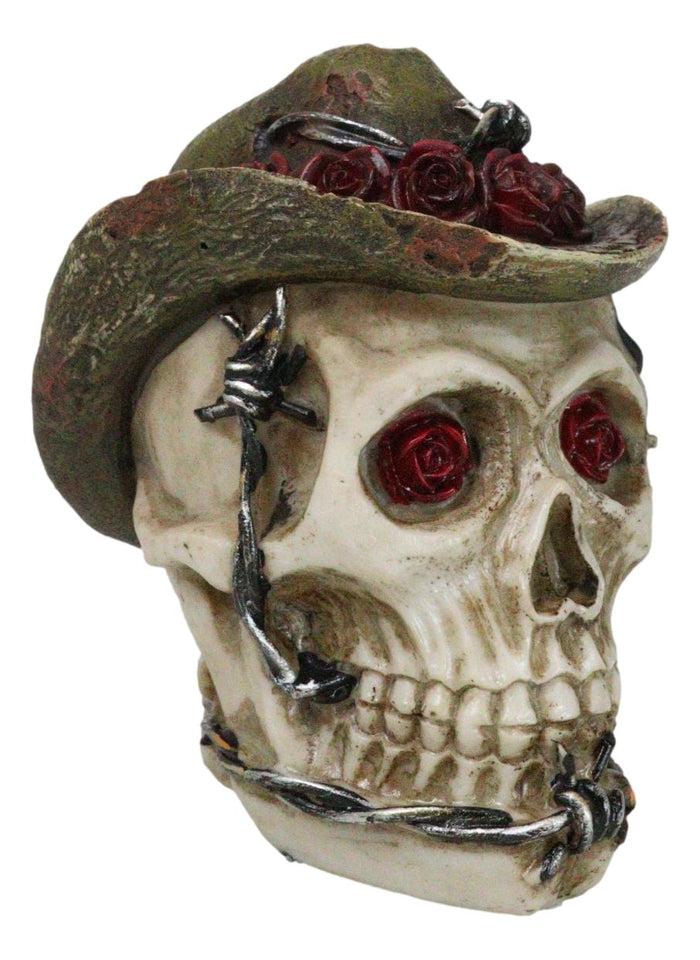 Western Old Wild West Cowboy Skull With Romantic Roses Barbed Wire Hat Figurine