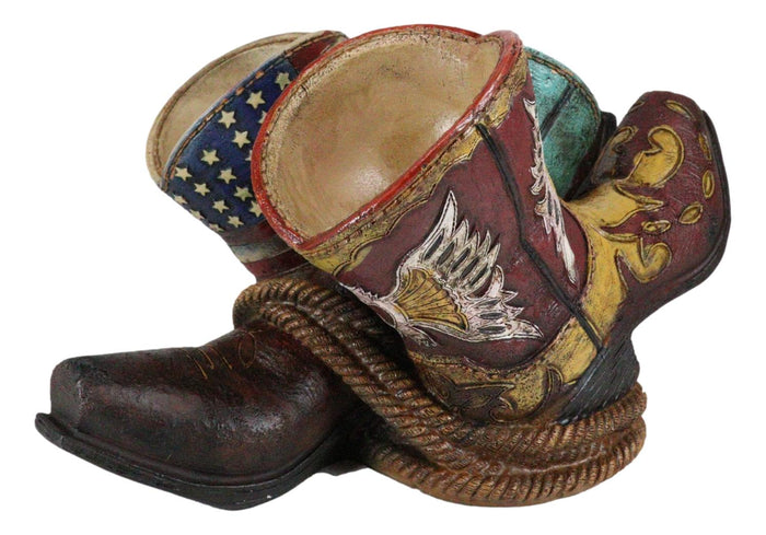 Western Patriotic American Flag Faux Tooled Leather Boots 3 Bottles Wine Holder