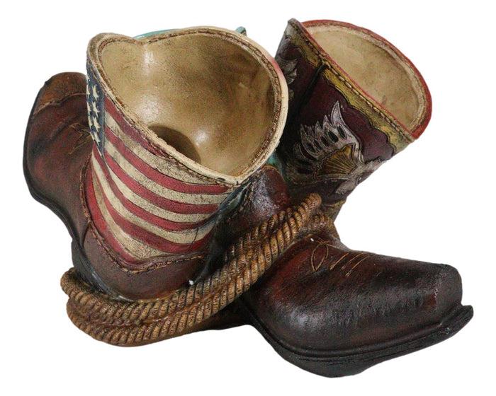 Western Patriotic American Flag Faux Tooled Leather Boots 3 Bottles Wine Holder
