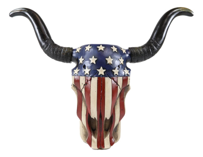 Western Patriotic US American Flag Old Faithful Longhorn Cow Skull Vase Planter