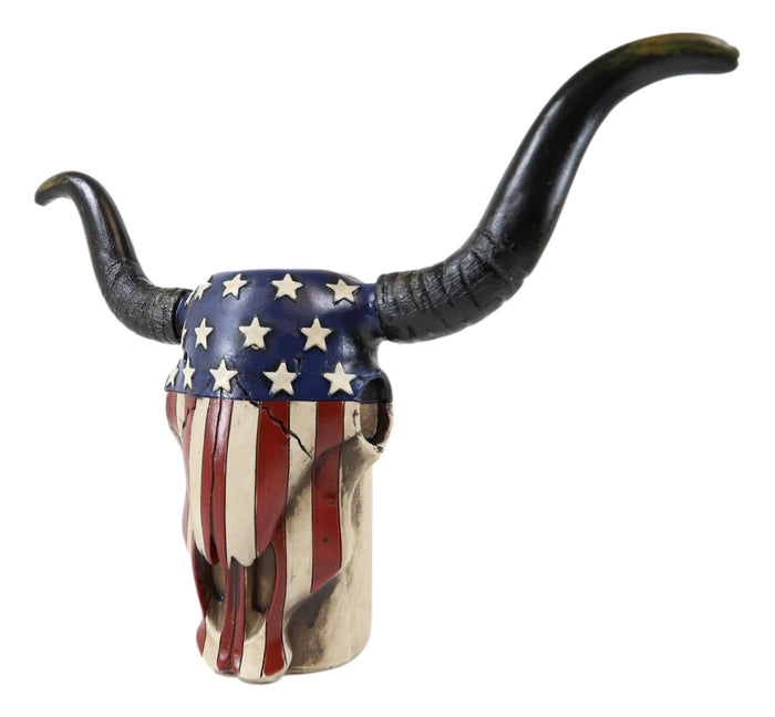 Western Patriotic US American Flag Old Faithful Longhorn Cow Skull Vase Planter