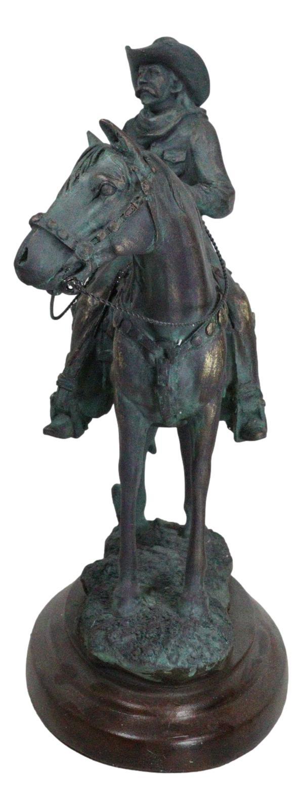 Western Ranger Cowboy With Hat On Bronco Horse Faux Bronze Verdigris Figurine