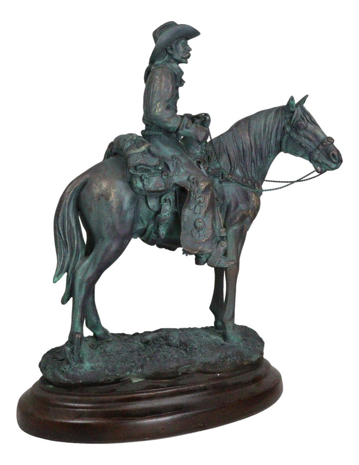 Western Ranger Cowboy With Hat On Bronco Horse Faux Bronze Verdigris Figurine
