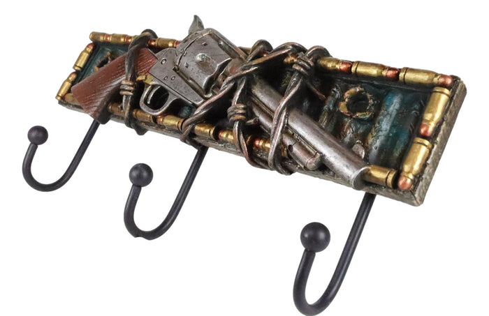 Western Revolver Pistol Barbed Wires Bullet Shells 3-Peg Wall Hooks Plaque
