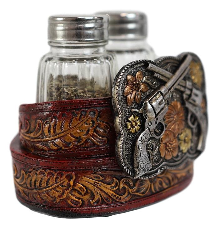 Western Revolver Six Shooter Pistols On Belt Buckle Salt And Pepper Shakers Set