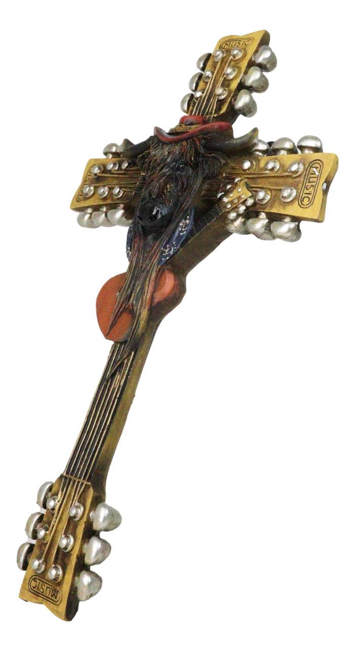 Western Rock And Roll Music Guitars With Cowboy Highland Cow Wall Cross Plaque