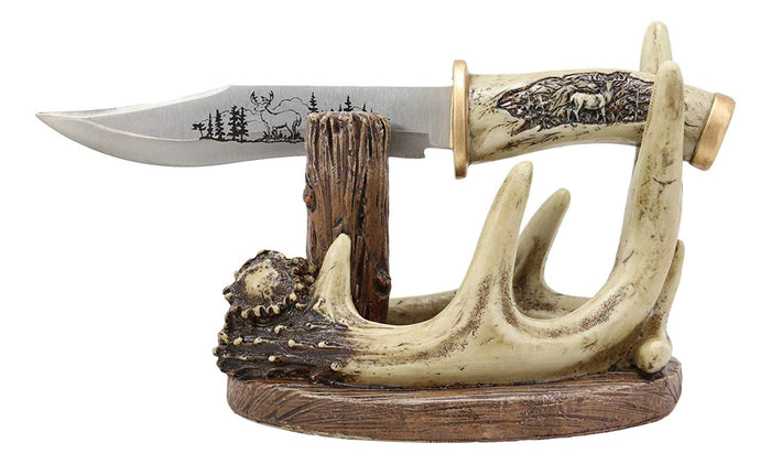 Western Rustic 8 Point Buck Stag Deer Antlers Display With Elk Sculpted Dagger