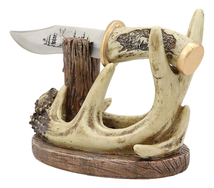 Western Rustic 8 Point Buck Stag Deer Antlers Display With Elk Sculpted Dagger