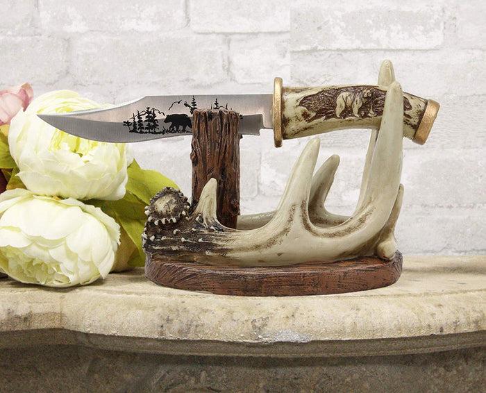 Western Rustic 8 Point Buck Stag Deer Antlers Display With Bear Sculpted Dagger