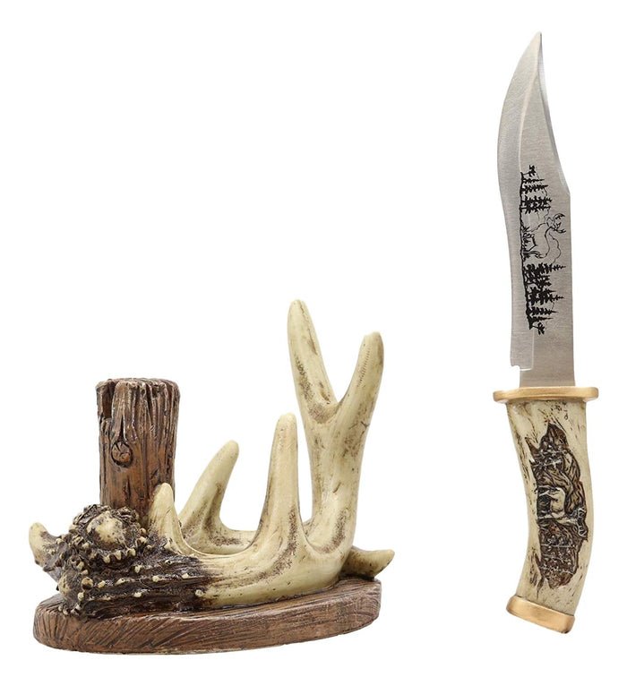 Western Rustic 8 Point Buck Stag Deer Antlers Display With Elk Sculpted Dagger