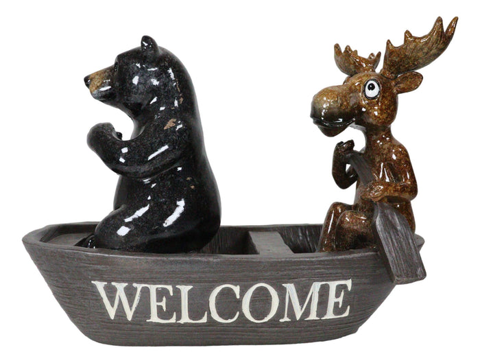 Western Rustic Black Bear And Elk Moose Rowing Boat Canoe Decorative Figurine