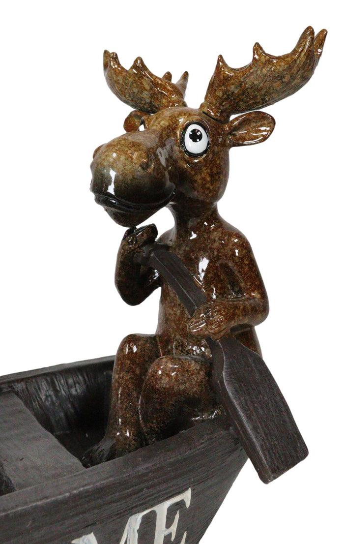 Western Rustic Black Bear And Elk Moose Rowing Boat Canoe Decorative Figurine
