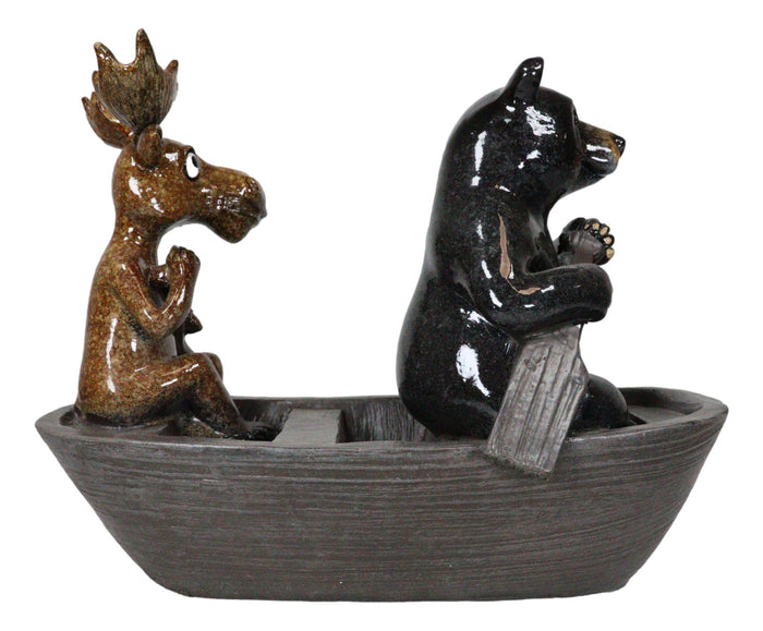 Western Rustic Black Bear And Elk Moose Rowing Boat Canoe Decorative Figurine