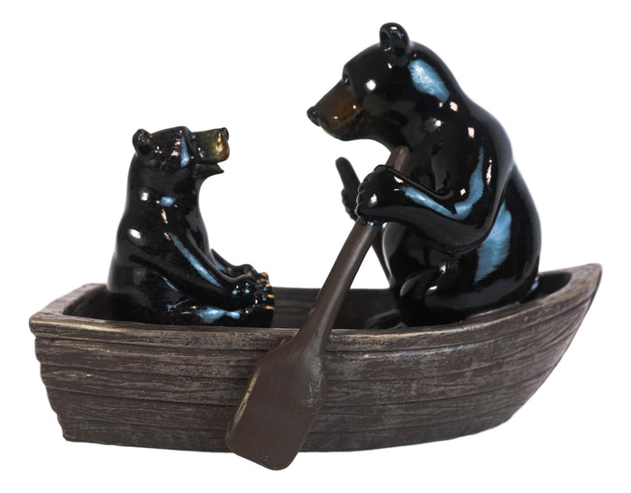 Western Rustic Black Bears Father And Son Family Rowing Canoe Boat Figurine